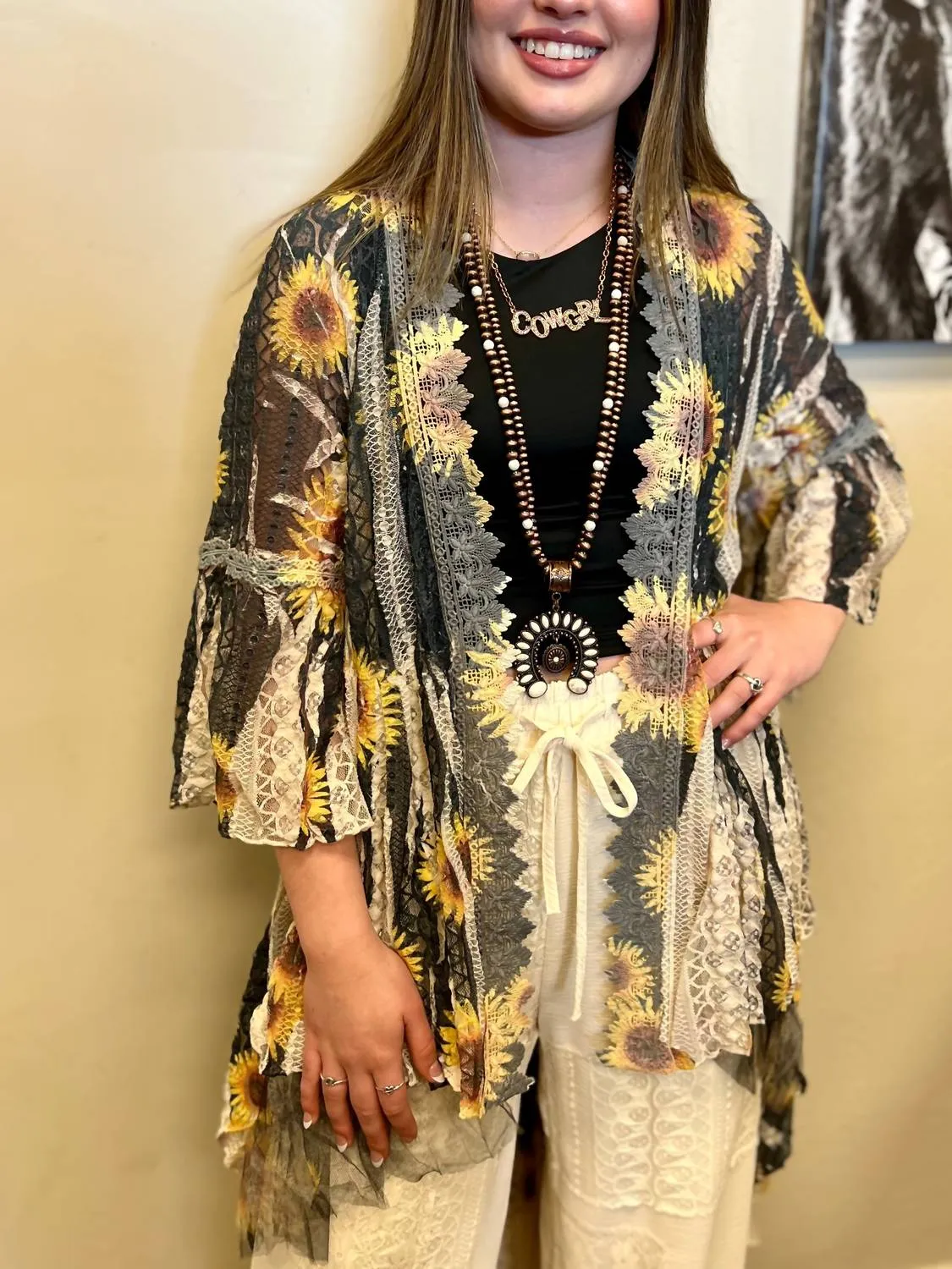 Blowing Sunflower Lace Duster In Multicolor