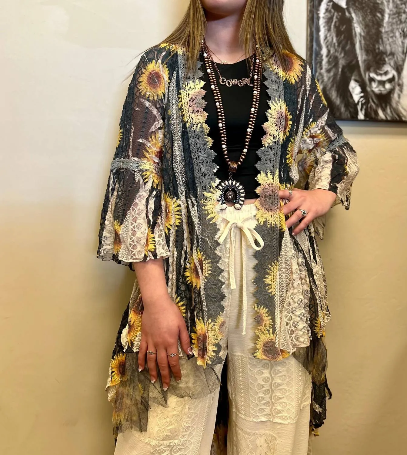 Blowing Sunflower Lace Duster In Multicolor