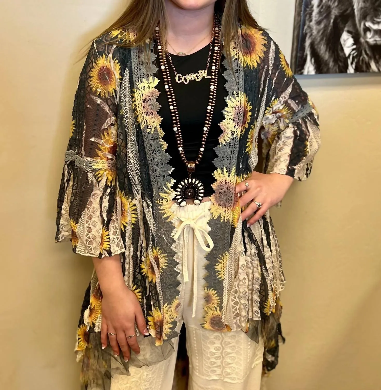 Blowing Sunflower Lace Duster In Multicolor