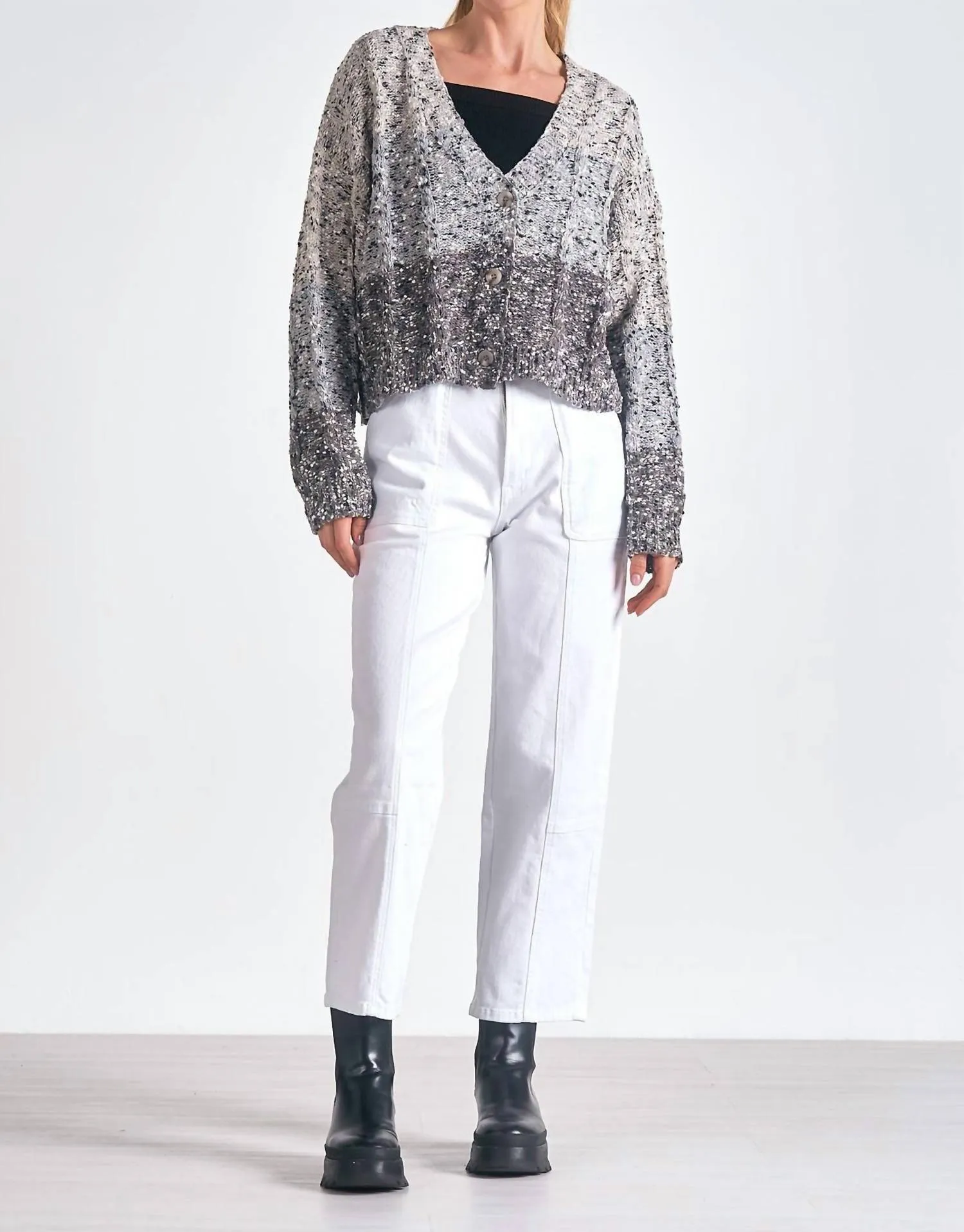 Button Front Cardigan Sweater In Grey Ombre