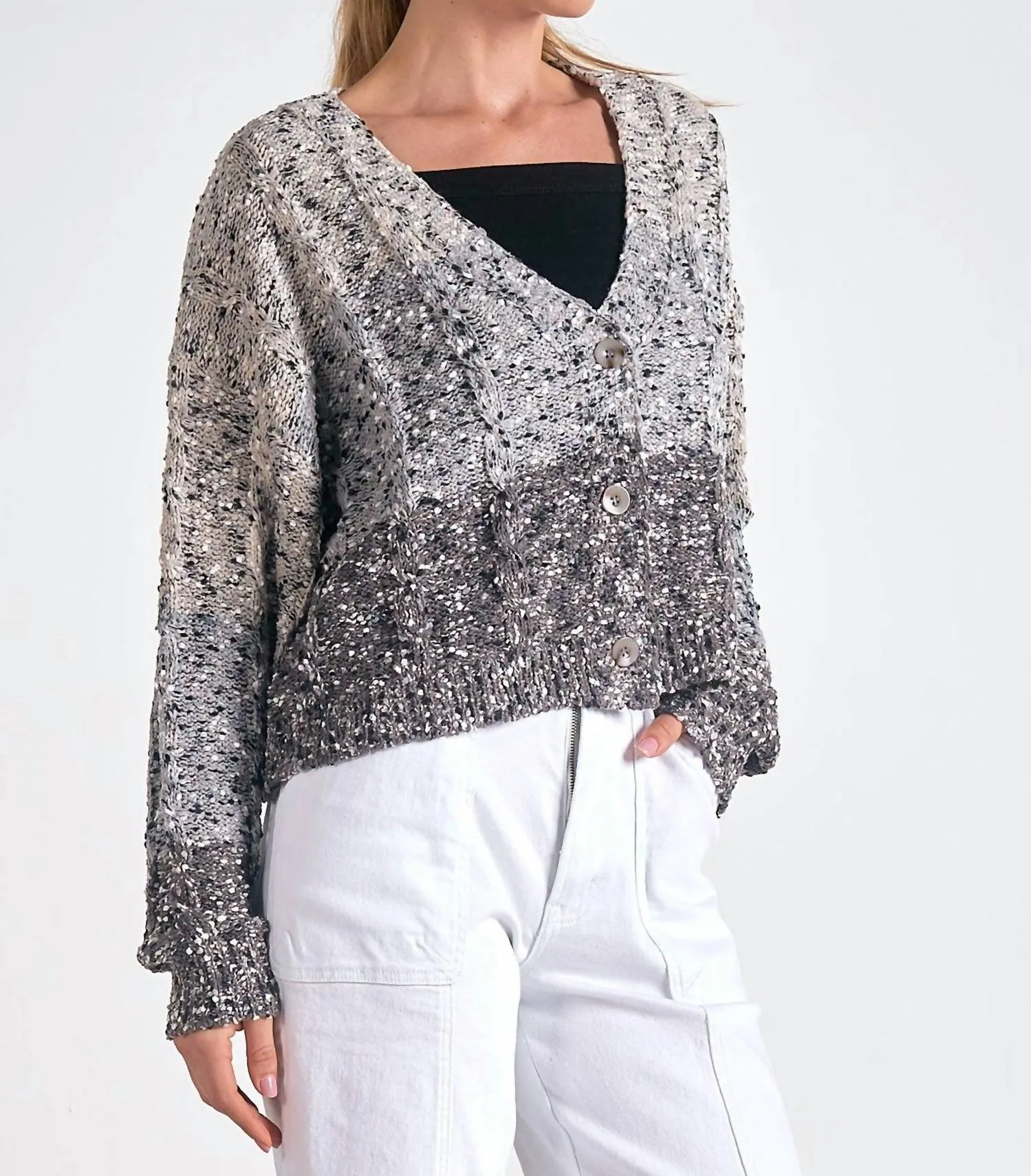 Button Front Cardigan Sweater In Grey Ombre