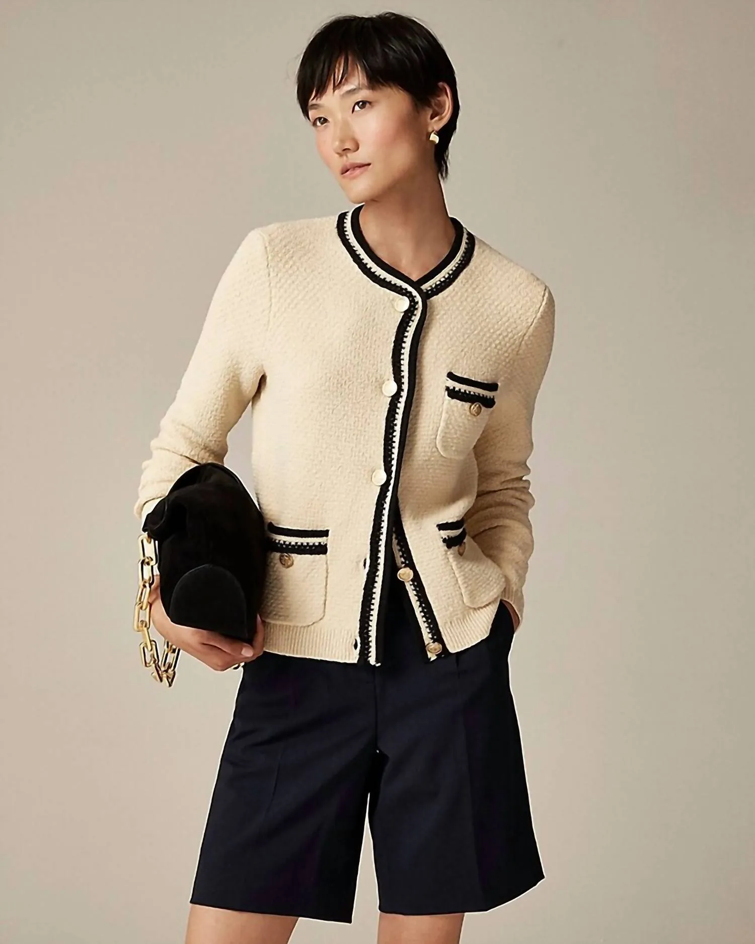 Contrast-Trim Cardigan In Parchment/black