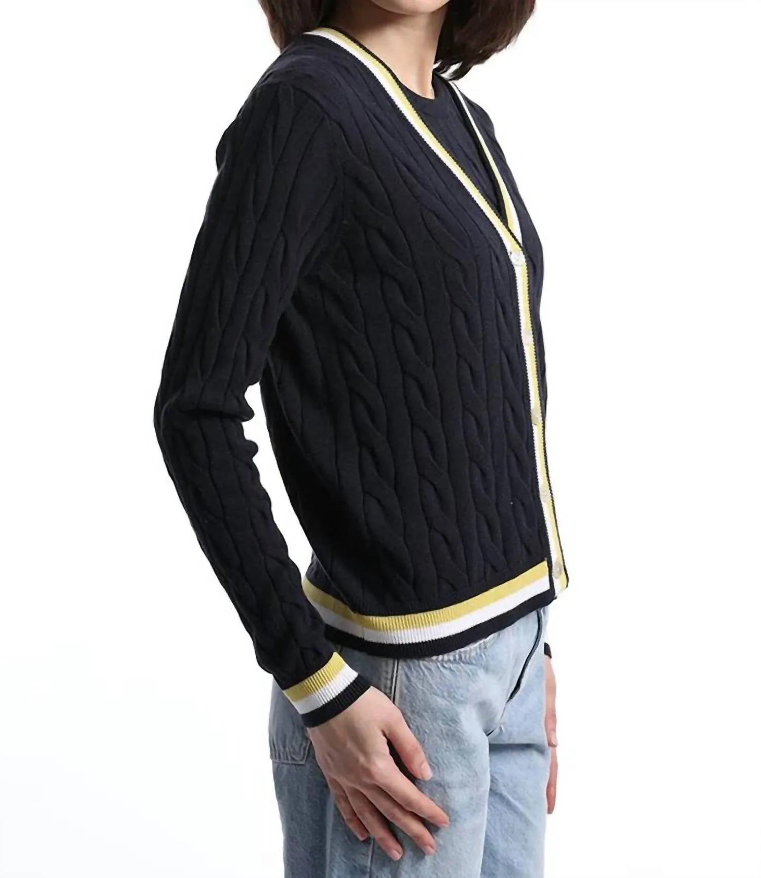 Cotton Cable Cardigan In Navy