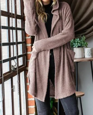 Cozy Soft Knit Hoodie Cardigan In Mocha