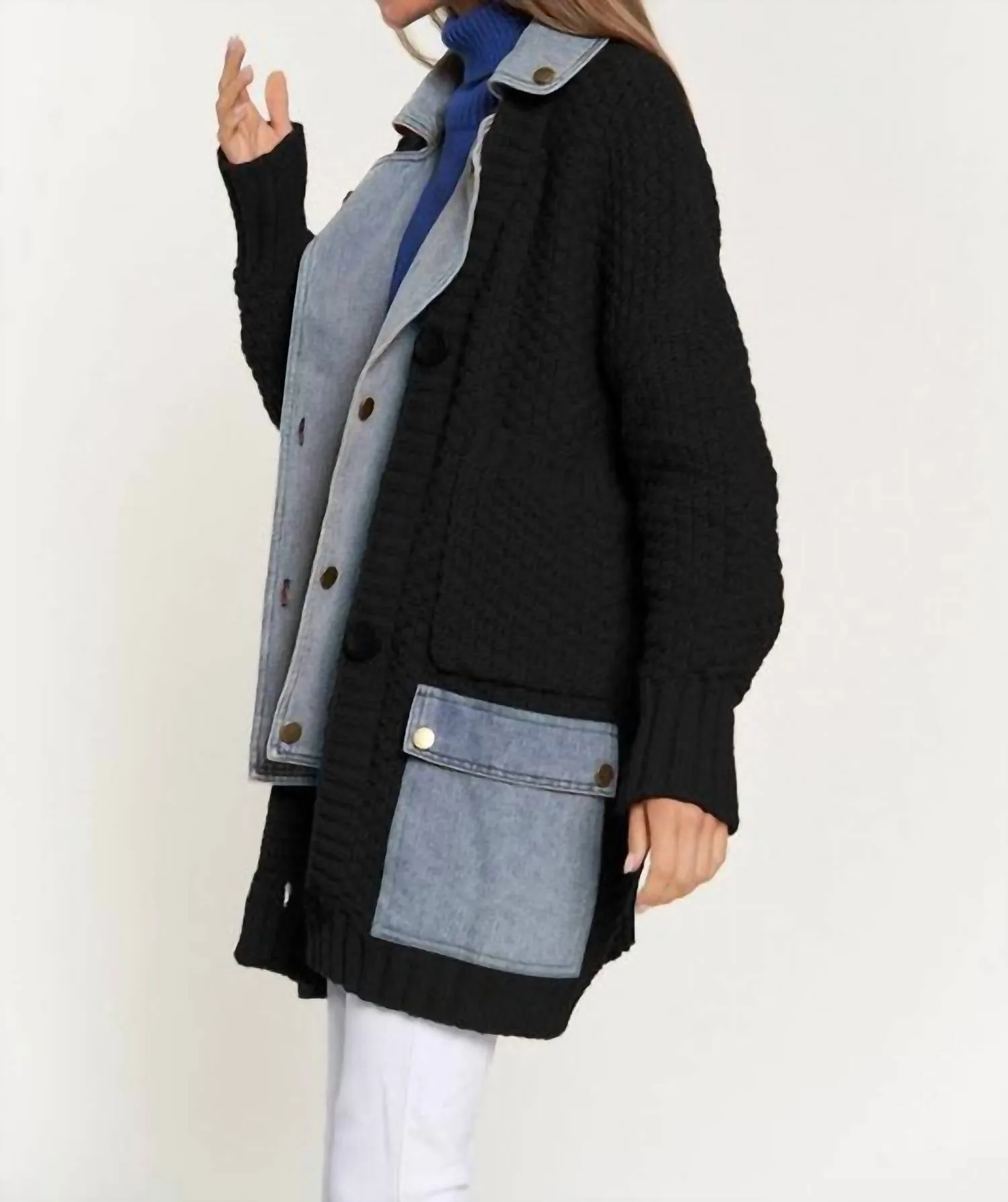 Denim Collar And Pocket Knit Cardigan In Black