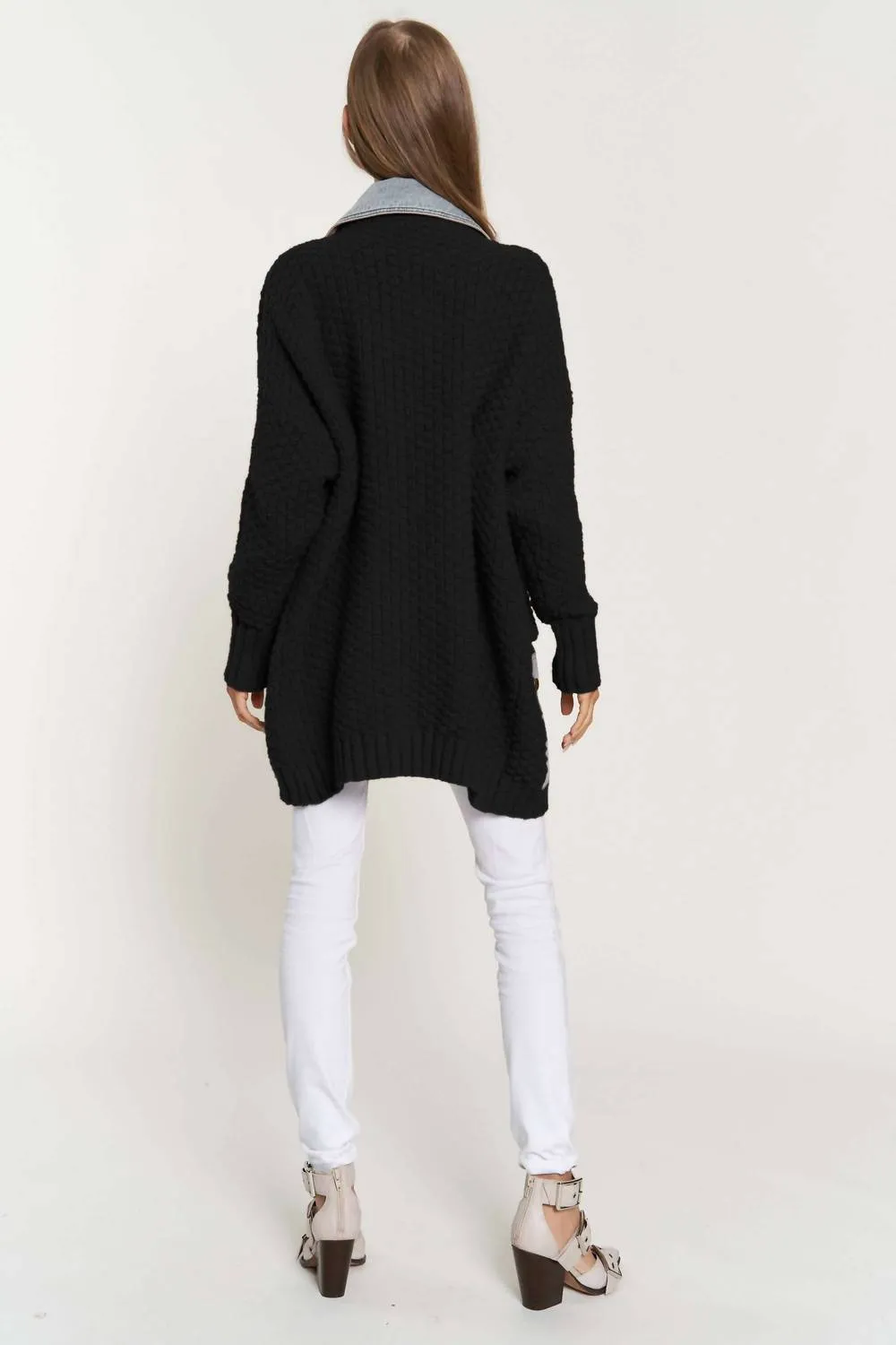 Denim Collar And Pocket Knit Cardigan In Black