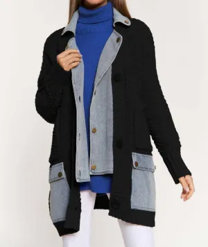 Denim Collar And Pocket Knit Cardigan In Black