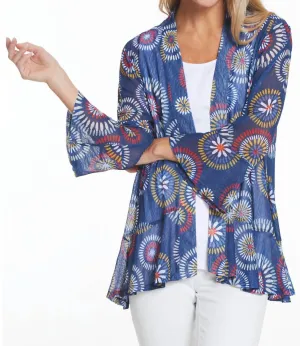 Flounce Sleeve Mesh Open Cardigan In Navy/red/gold