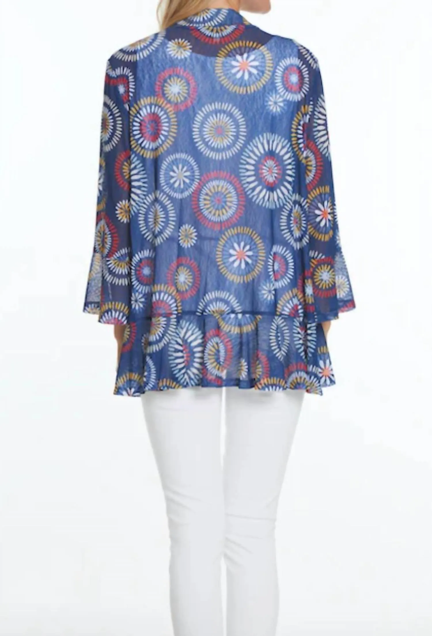Flounce Sleeve Mesh Open Cardigan In Navy/red/gold