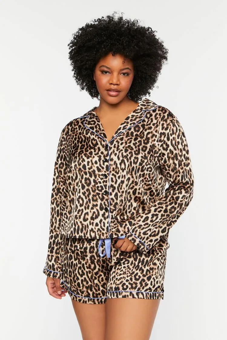 Forever 21 Plus Women's Leopard Shirt & Shorts Pajama Set Tan/Multi Forever 21