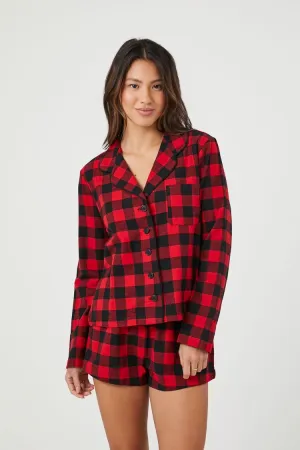 Forever 21 Women's Flannel Plaid Shirt & Shorts Pajama Set Fiery Red/Black Forever 21