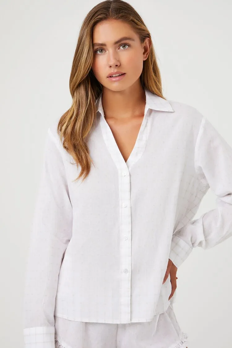 Forever 21 Women's Grid Plaid Pajama Shirt White/Tan Forever 21