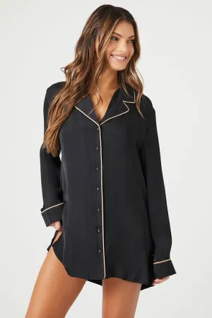Forever 21 Women's Satin Piped-Trim Pajama Shirt Dress Black/Tan Forever 21