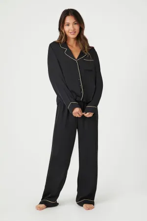 Forever 21 Women's Satin Piped-Trim Shirt & Pants Pajama Set Black/Tan Forever 21