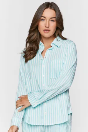 Forever 21 Women's Striped Long-Sleeve Pajama Shirt Powder Blue/White Forever 21