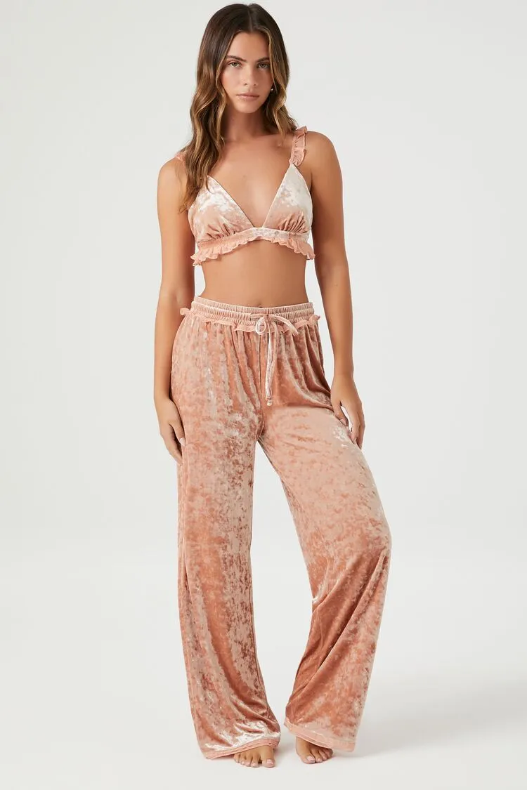 Forever 21 Women's Velvet Ruffle-Trim Pajama Pants Mauve Forever 21