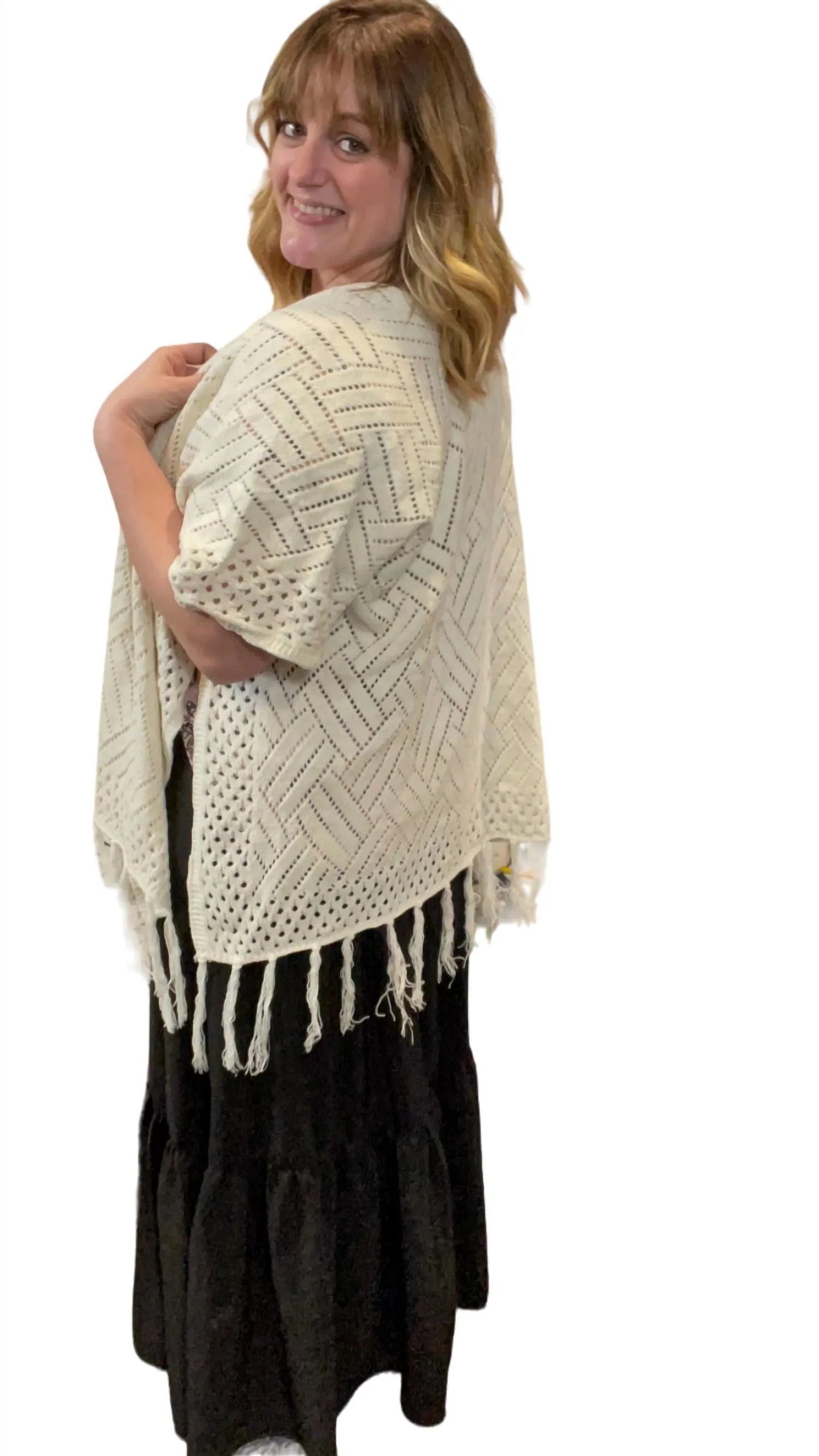 Fringed Crossed Shawl Cardigan In White