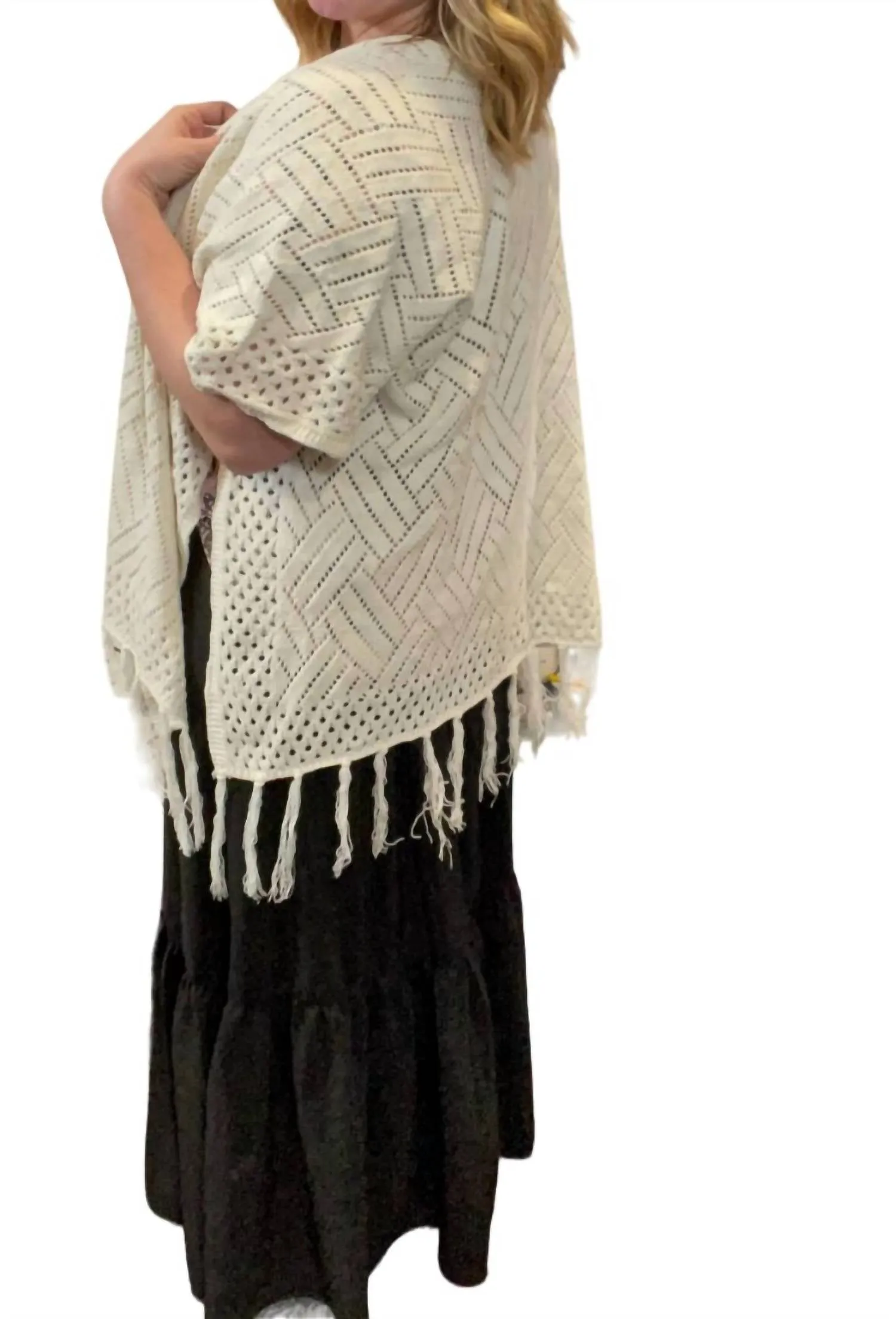 Fringed Crossed Shawl Cardigan In White