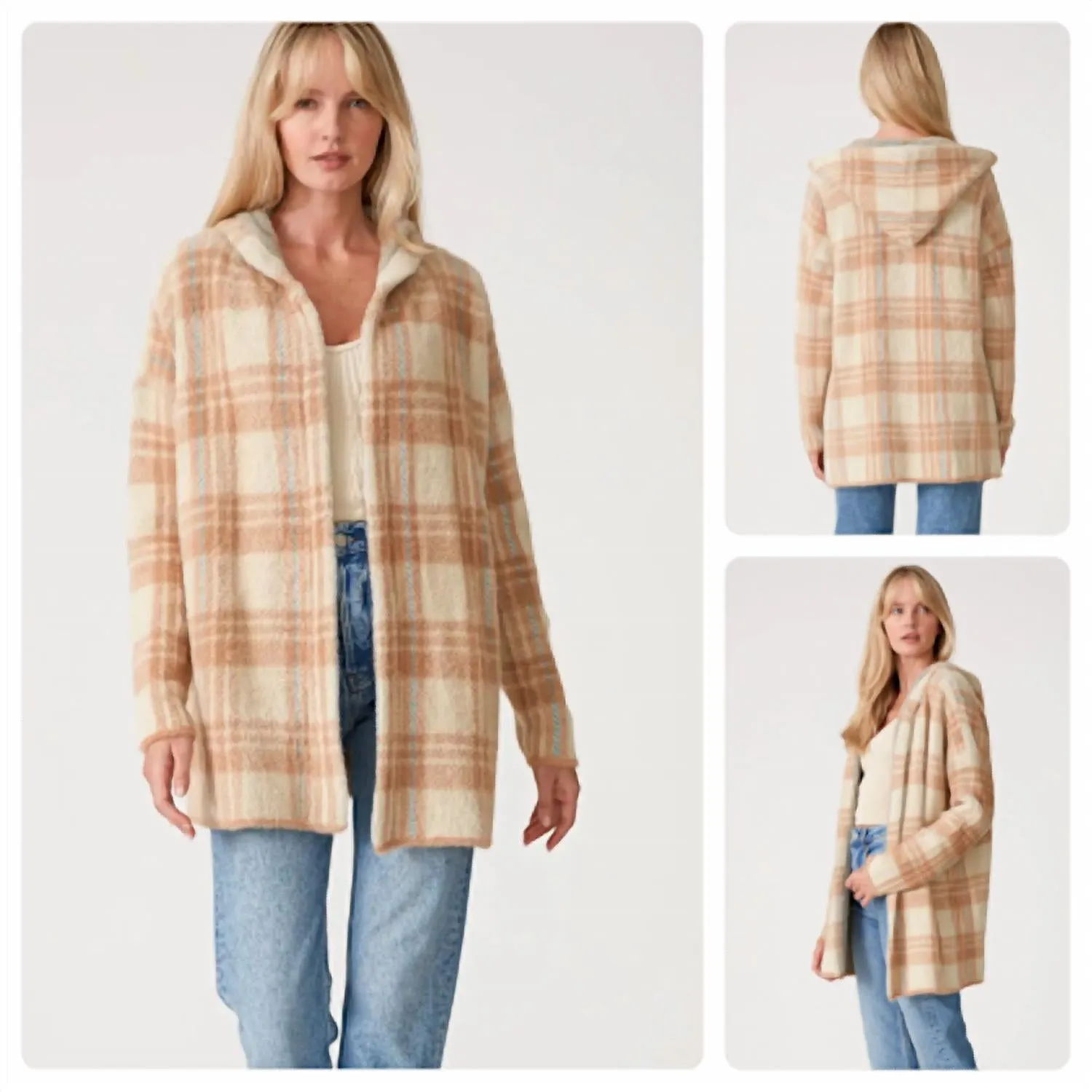 Fuzzy Plaid Hooded Coatigan In Taupe/blue