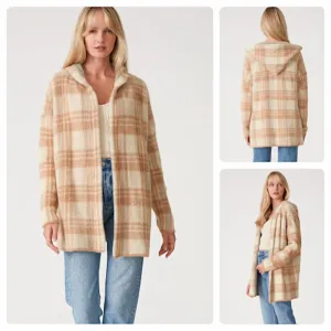 Fuzzy Plaid Hooded Coatigan In Taupe/blue