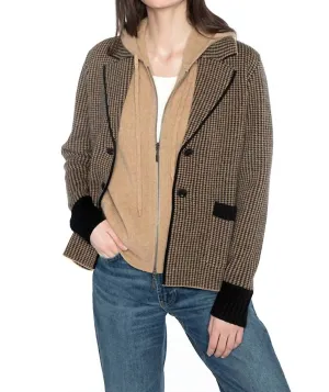 Houndstooth Notch Collar Cardigan In Black/camel