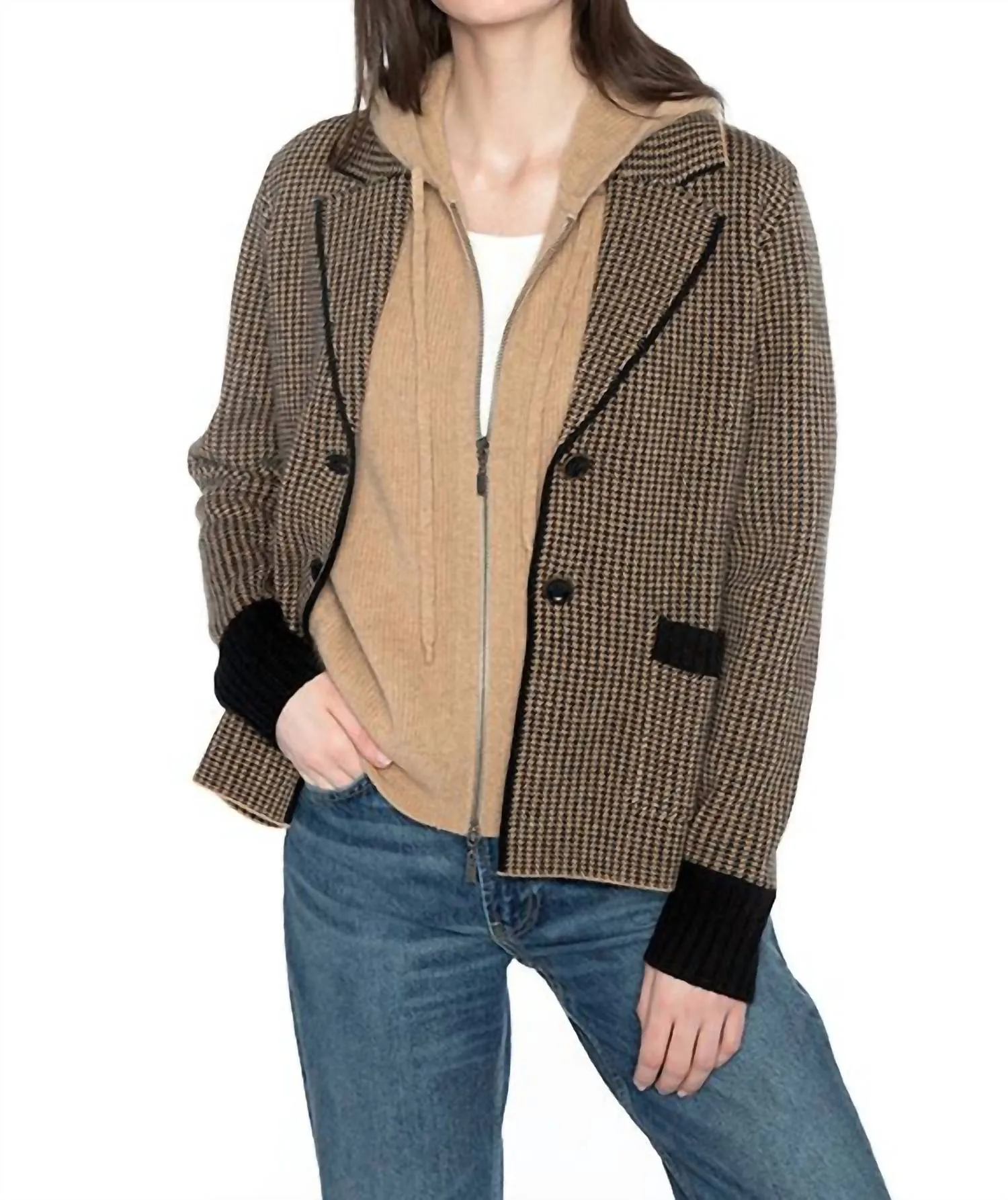 Houndstooth Notch Collar Cardigan In Black/camel