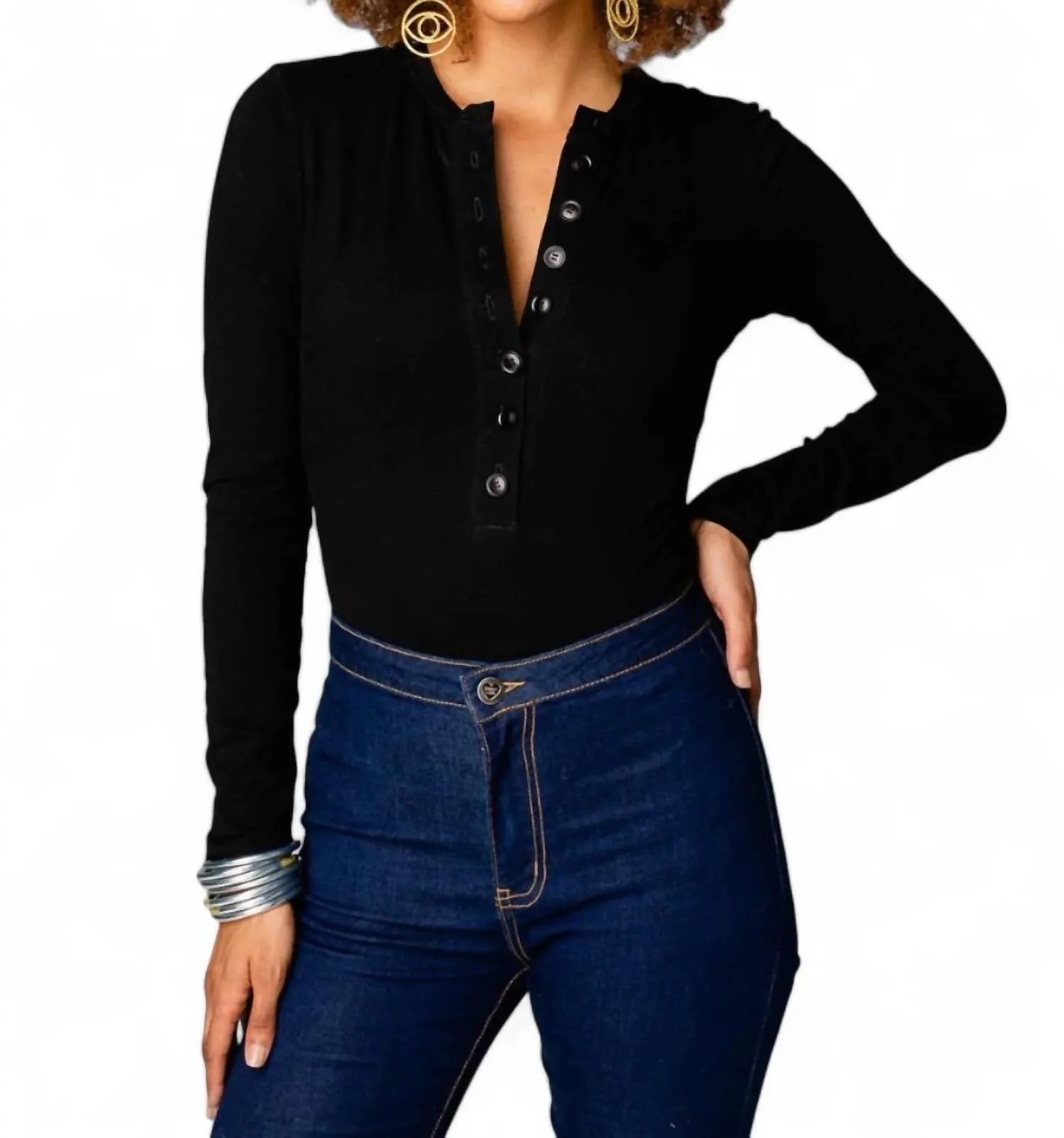 Ivy Henley Button Front Bodysuit In Black