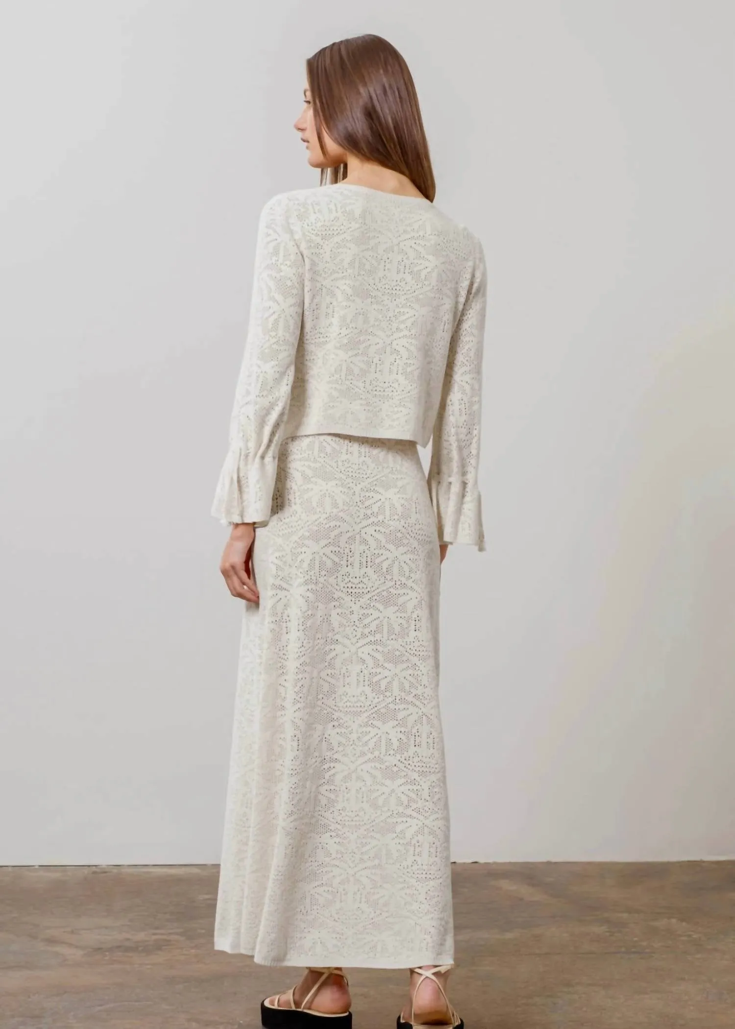 Kellyann Crochet Knit Skirt And Cardigan Set In White
