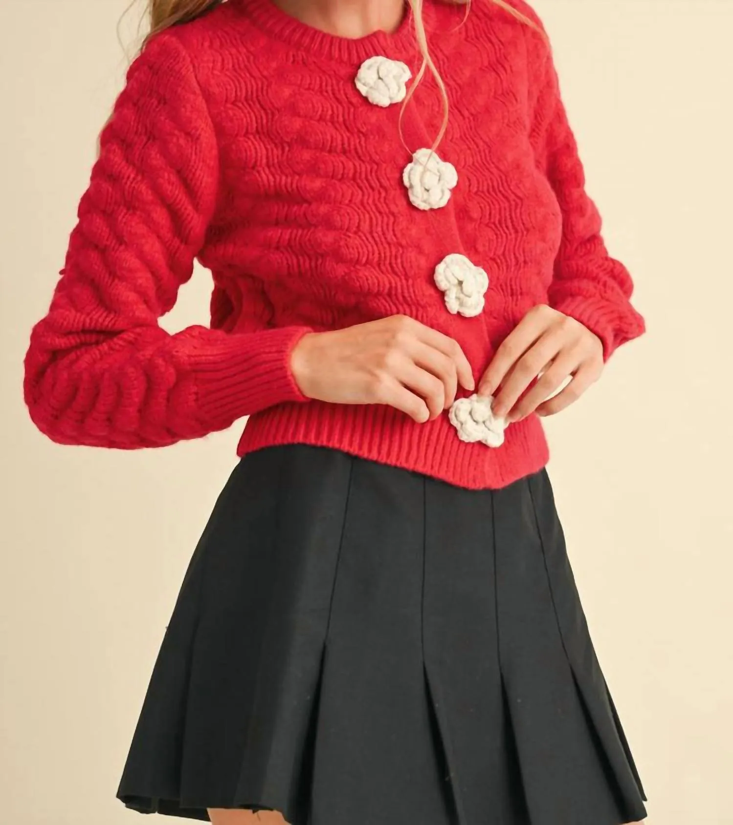 Knit Rose Cardigan In Red