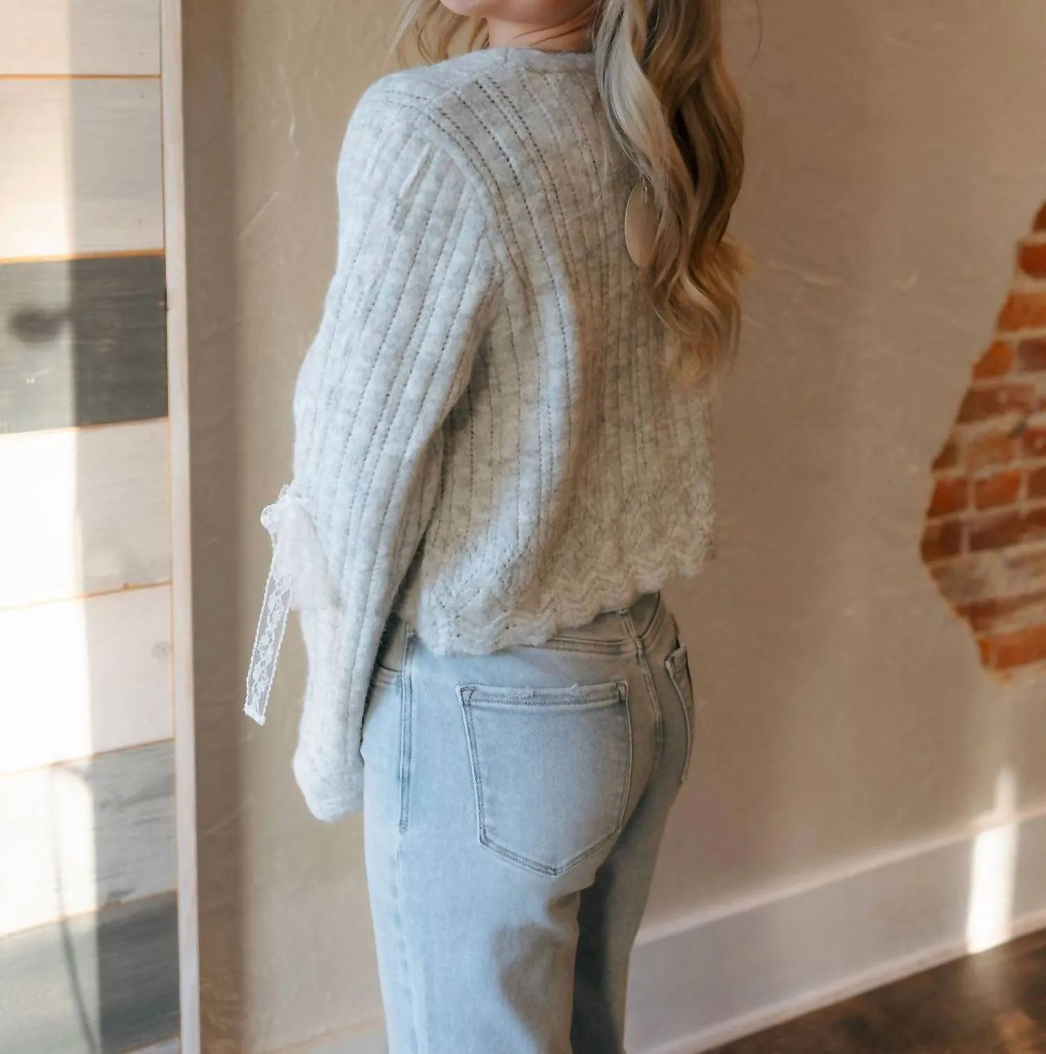 Lace Tie Front Cardigan In Gray