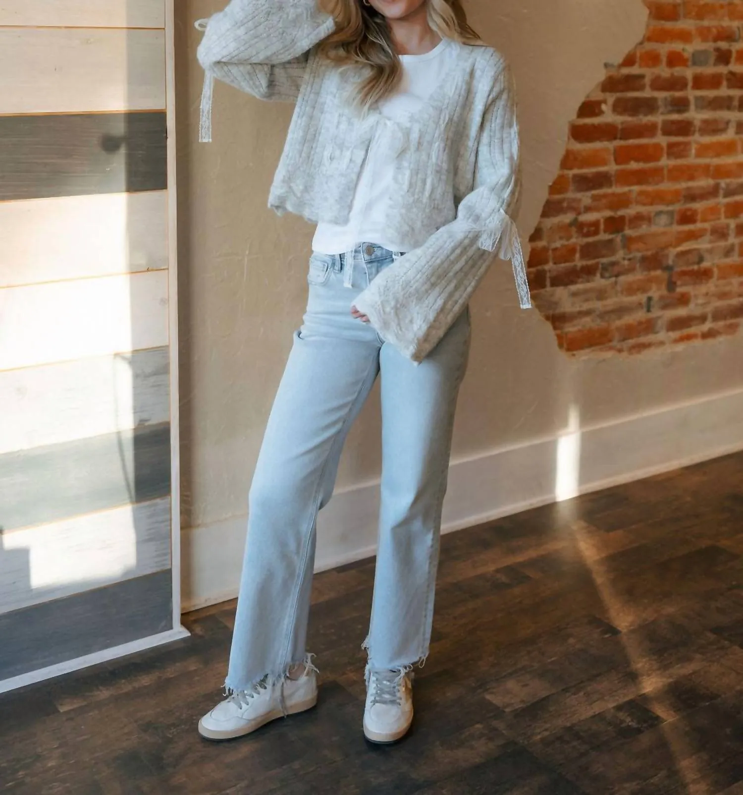 Lace Tie Front Cardigan In Gray