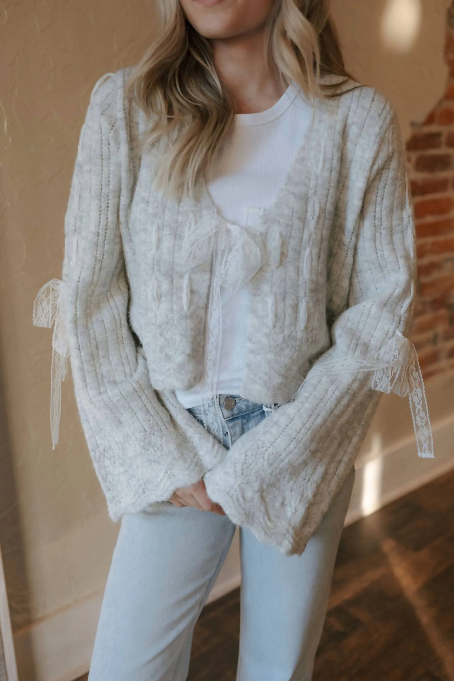Lace Tie Front Cardigan In Gray