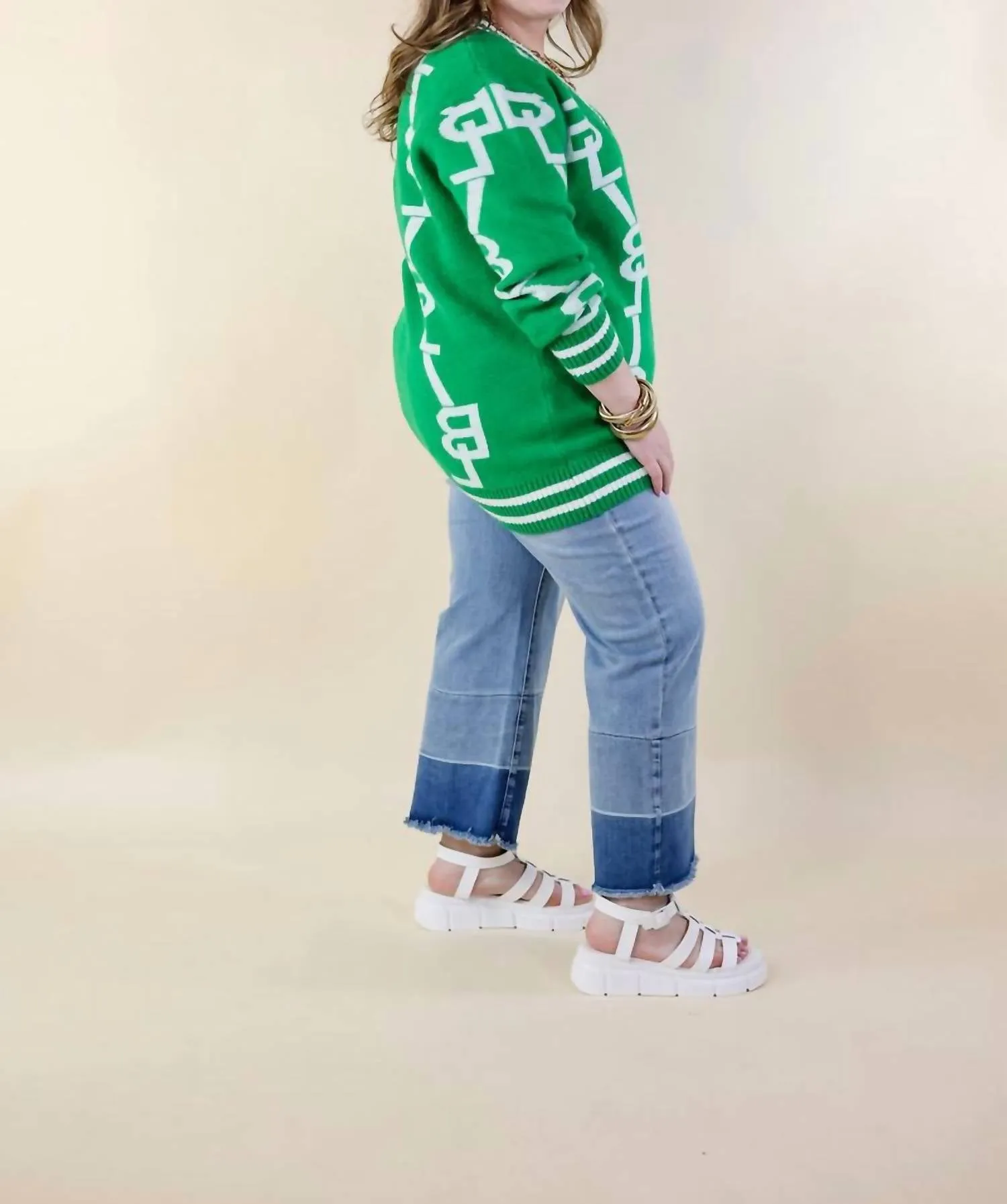 Long Sleeves Cardigan In Green And White