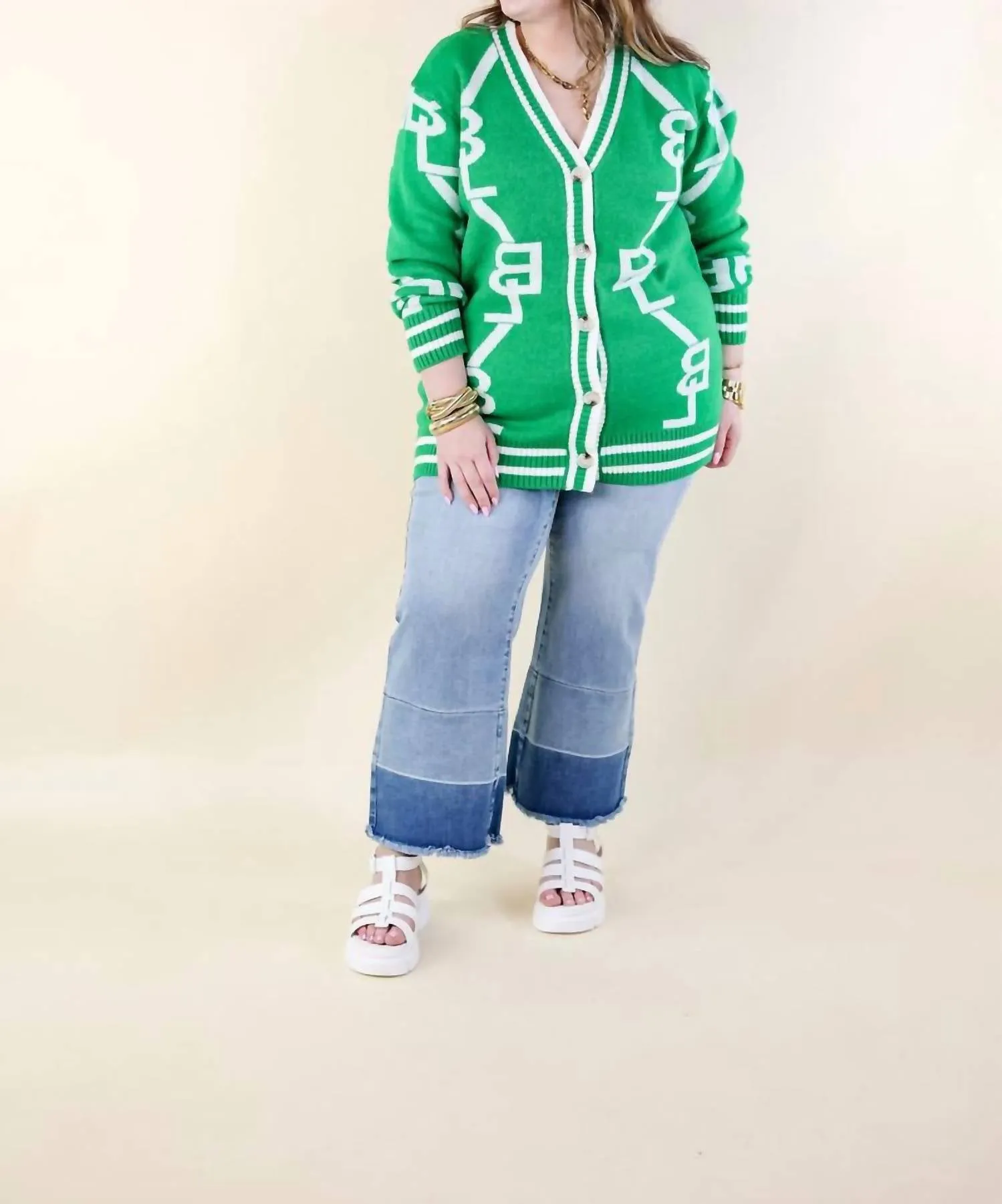 Long Sleeves Cardigan In Green And White