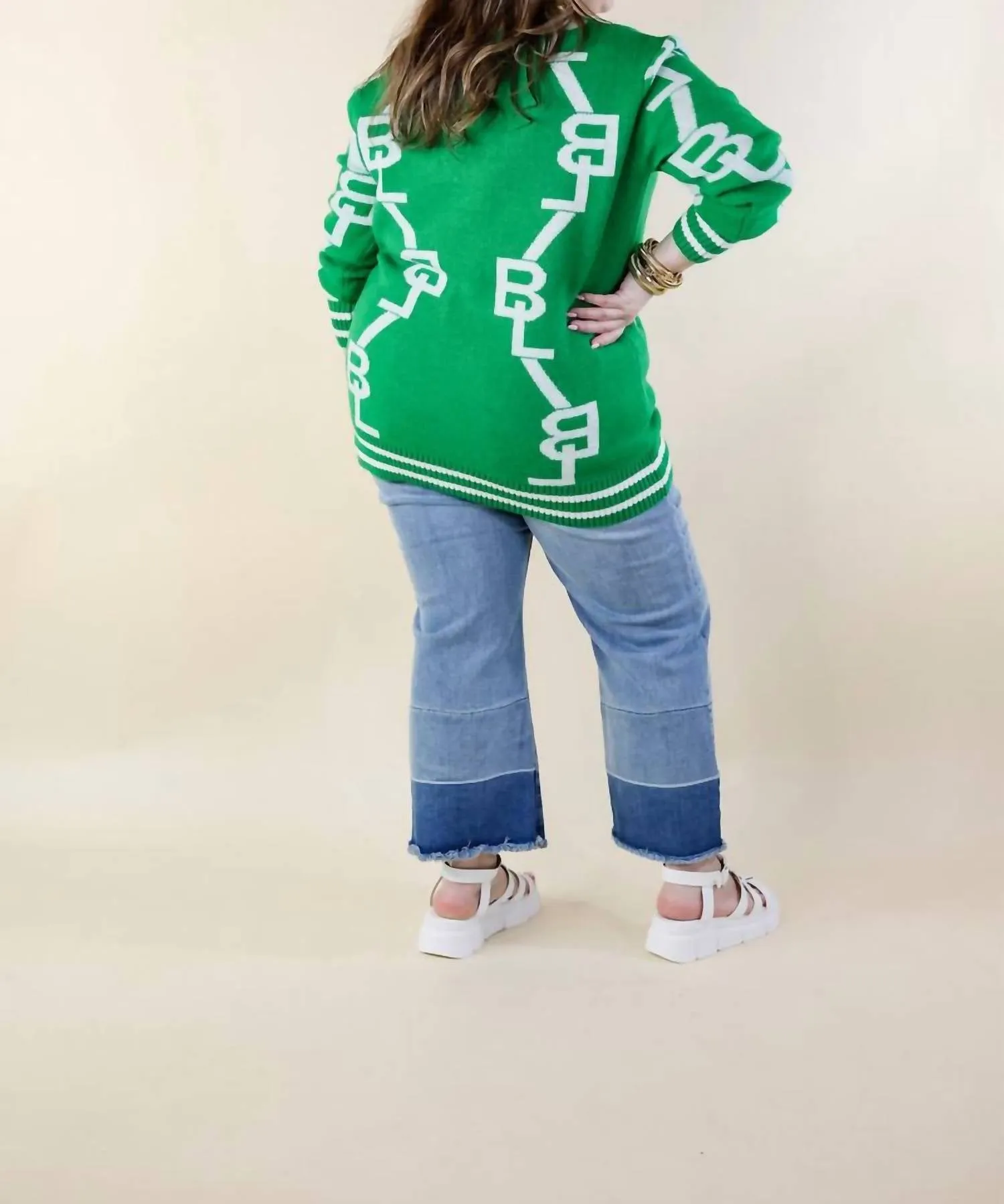 Long Sleeves Cardigan In Green And White