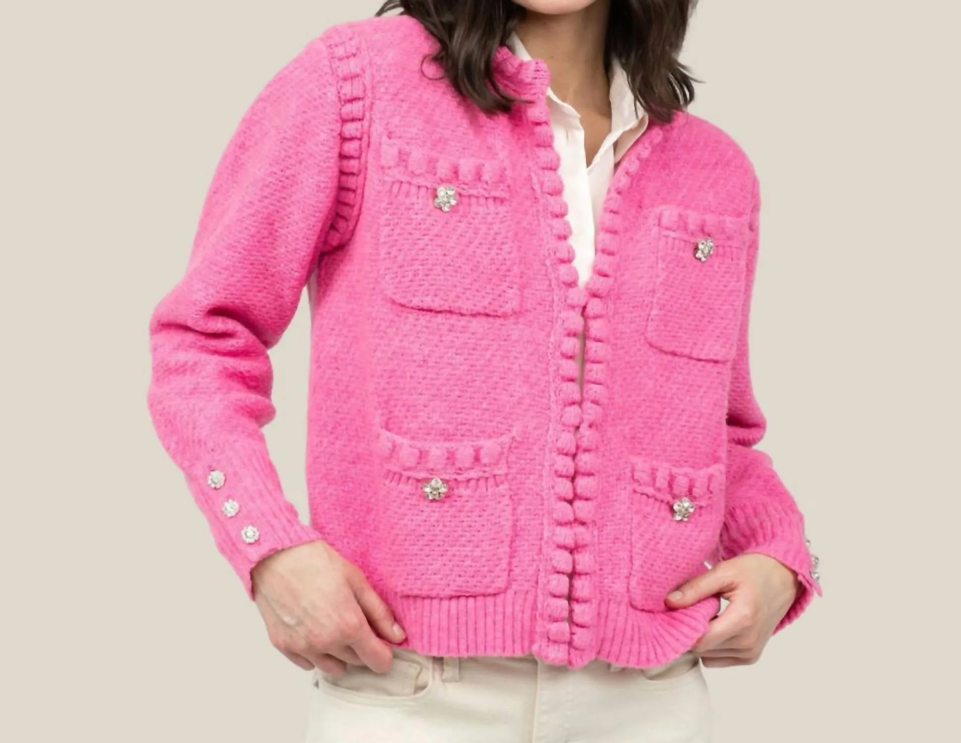 Pearl Edge Cardigan In Hot Pink