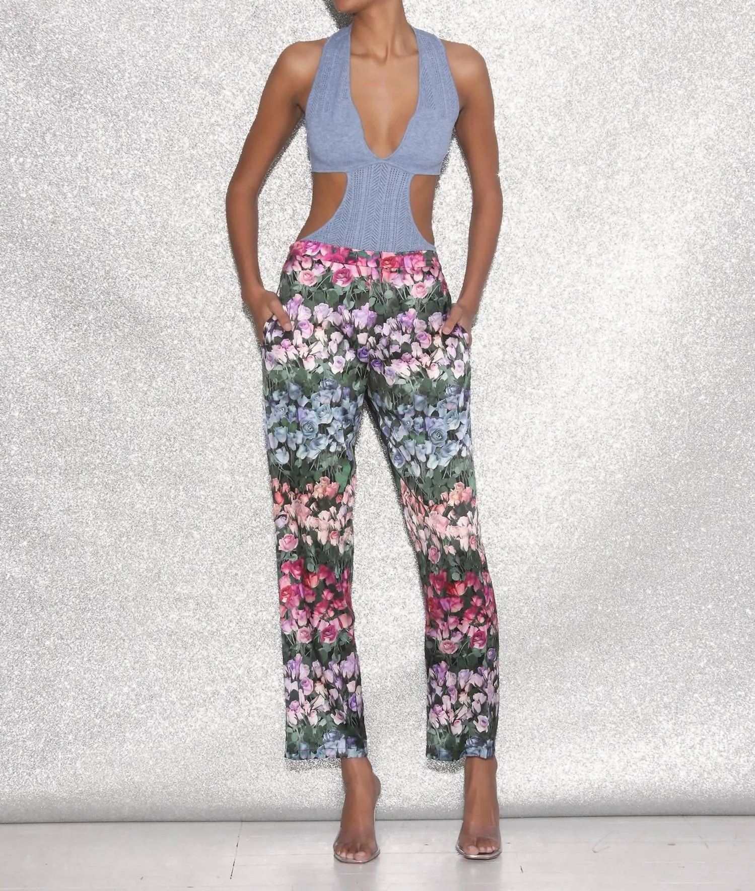 Pointelle Cutout Bodysuit In Denim