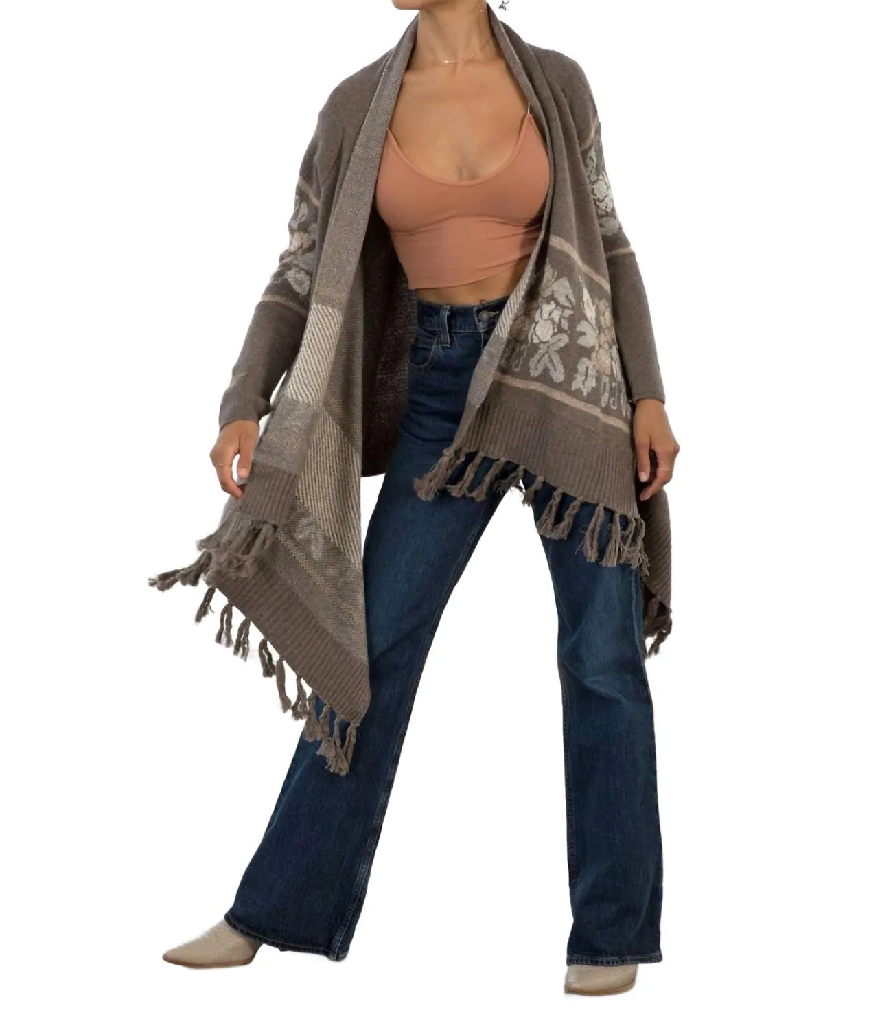 Western Floral Knit Fringe Trim Cardigan In Grey