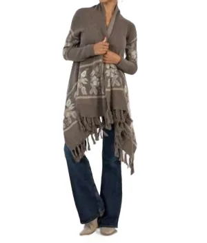 Western Floral Knit Fringe Trim Cardigan In Grey