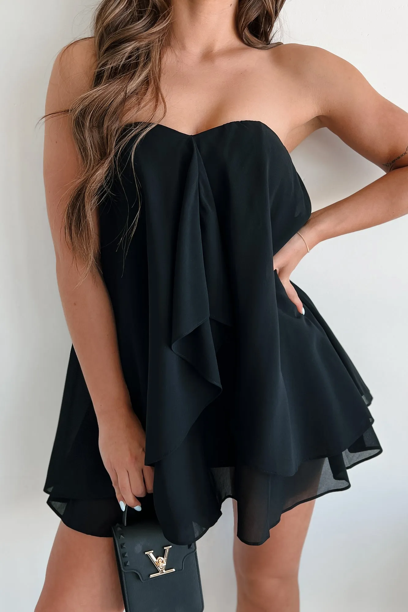 Whimsical Notion Flounce Chiffon Sweetheart Mini Dress (Black)